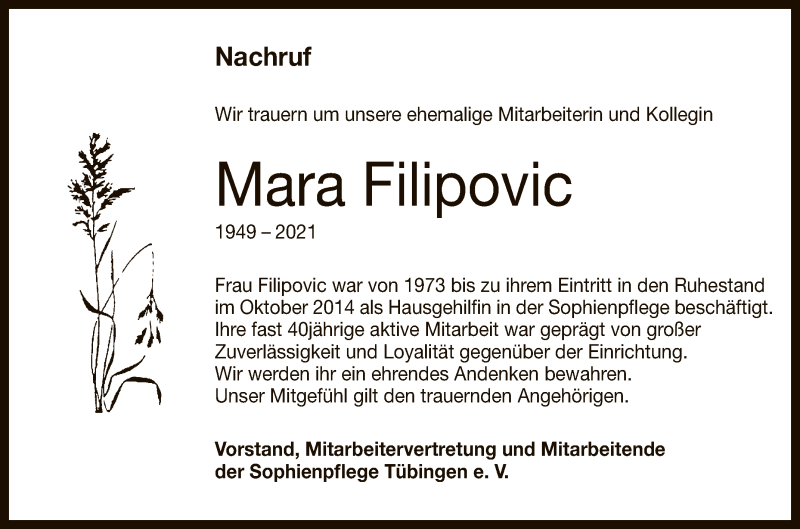  Traueranzeige für Mara Filipovic vom 06.03.2021 aus Reutlinger General-Anzeiger