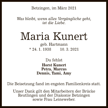 Anzeige von Maria Kunert von Reutlinger General-Anzeiger