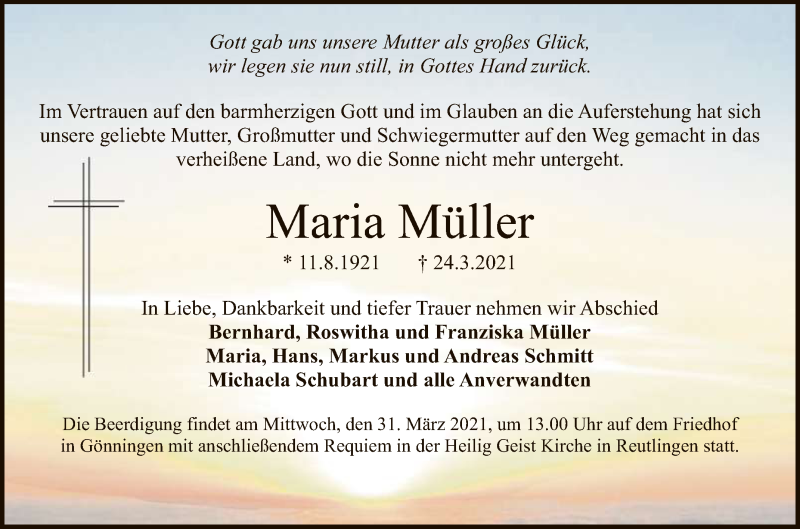  Traueranzeige für Maria Müller vom 27.03.2021 aus Reutlinger General-Anzeiger