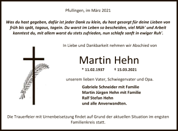 Anzeige von Martin Hehn von Reutlinger General-Anzeiger
