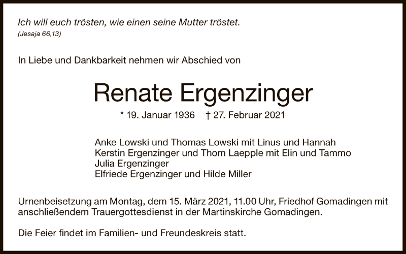  Traueranzeige für Renate Ergenzinger vom 12.03.2021 aus Reutlinger General-Anzeiger
