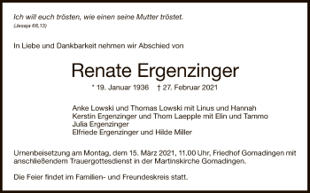 Anzeige von Renate Ergenzinger von Reutlinger General-Anzeiger