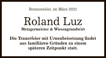 Anzeige von Roland Luz von Reutlinger General-Anzeiger