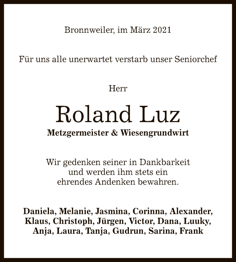  Traueranzeige für Roland Luz vom 13.03.2021 aus Reutlinger General-Anzeiger
