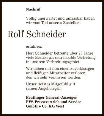 Anzeige von Rolf Schneider von Reutlinger General-Anzeiger