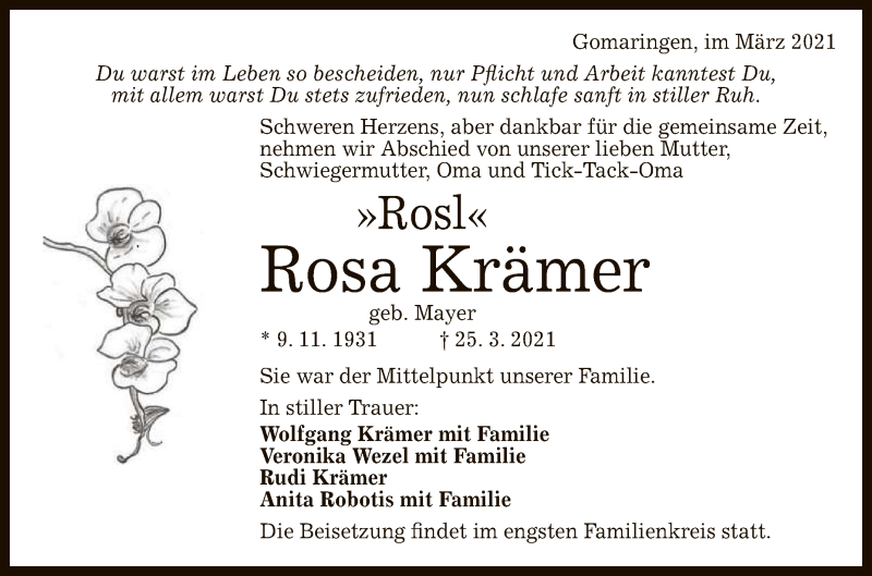  Traueranzeige für Rosa Krämer vom 30.03.2021 aus Reutlinger General-Anzeiger