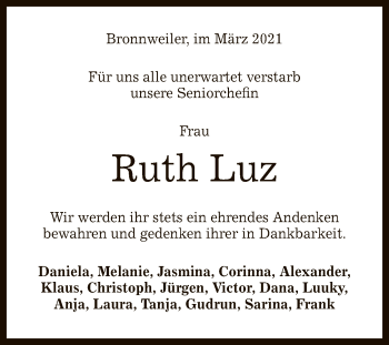 Anzeige von Ruth Luz von Reutlinger General-Anzeiger