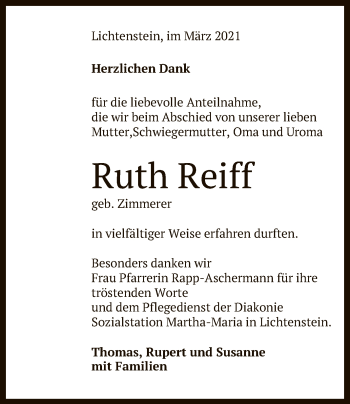 Anzeige von Ruth Reiff von Reutlinger General-Anzeiger