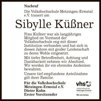 Anzeige von Sibylle Küßner von Reutlinger General-Anzeiger