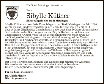 Anzeige von Sibylle Küßner von Reutlinger General-Anzeiger