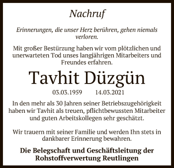 Anzeige von Tavhit Düzgün von Reutlinger General-Anzeiger