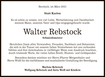 Anzeige von Walter Rebstock von Reutlinger General-Anzeiger