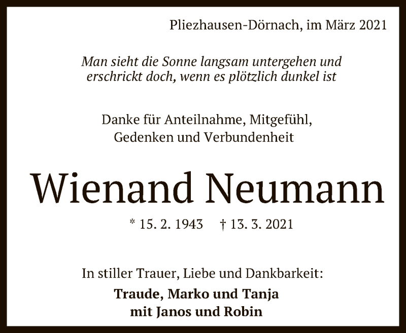  Traueranzeige für Wienand Neumann vom 27.03.2021 aus Reutlinger General-Anzeiger