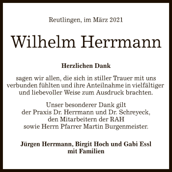 Anzeige von Wilhelm Herrmann von Reutlinger General-Anzeiger