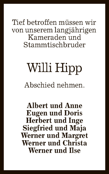 Anzeige von Willi Hipp von Reutlinger General-Anzeiger