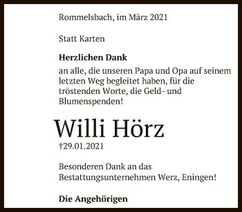 Anzeige von Willi Hörz von Reutlinger General-Anzeiger