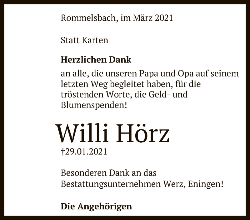  Traueranzeige für Willi Hörz vom 03.03.2021 aus Reutlinger General-Anzeiger