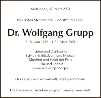 Anzeige von Wolfgang Grupp von Reutlinger General-Anzeiger