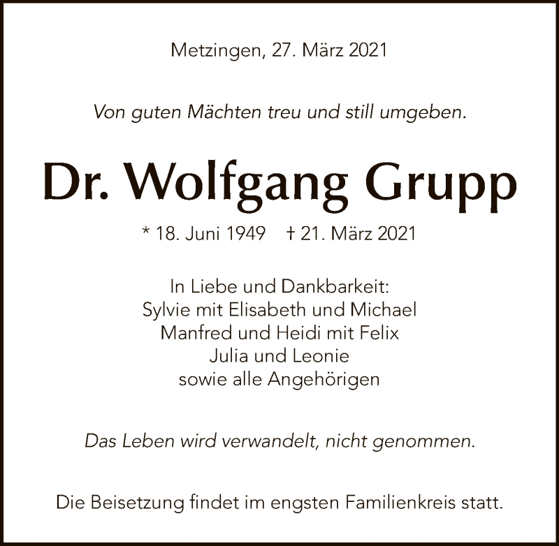  Traueranzeige für Wolfgang Grupp vom 27.03.2021 aus Reutlinger General-Anzeiger