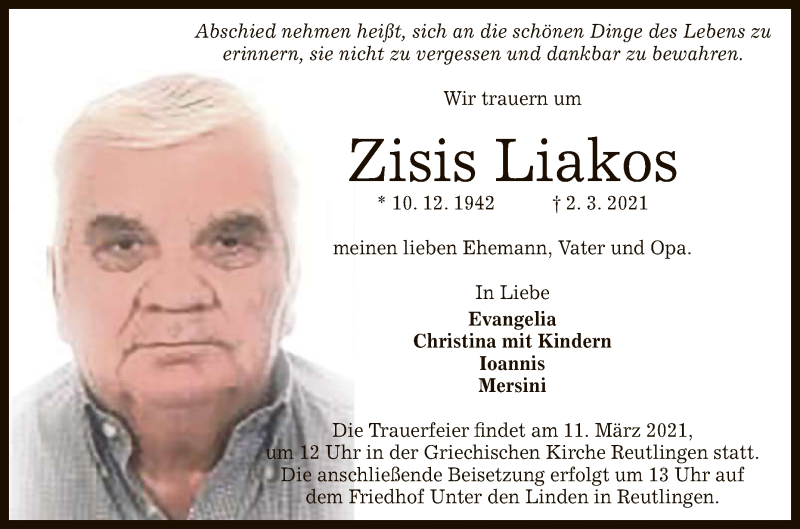  Traueranzeige für Zisis Liakos vom 06.03.2021 aus Reutlinger General-Anzeiger