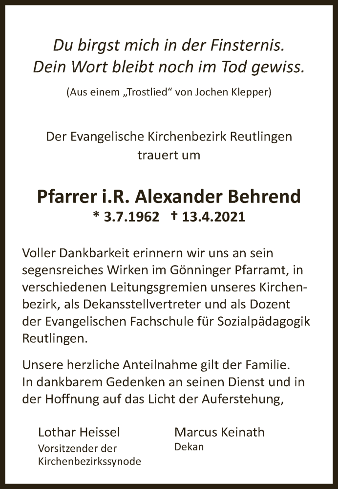  Traueranzeige für Alexander Behrend vom 20.04.2021 aus Reutlinger General-Anzeiger