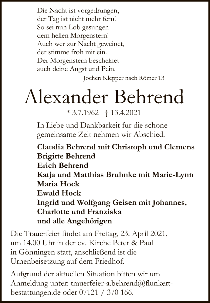  Traueranzeige für Alexander Behrend vom 20.04.2021 aus Reutlinger General-Anzeiger