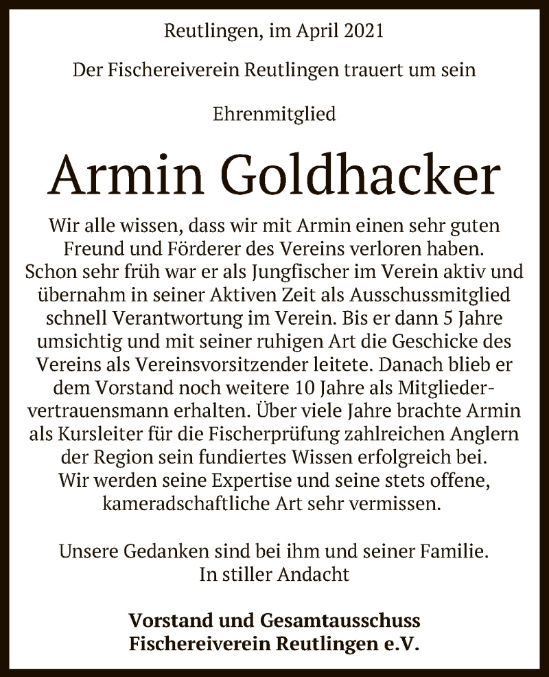  Traueranzeige für Armin Goldhacker vom 29.04.2021 aus Reutlinger General-Anzeiger