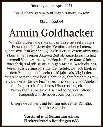 Anzeige von Armin Goldhacker von Reutlinger General-Anzeiger