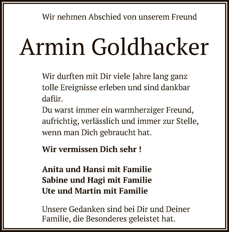  Traueranzeige für Armin Goldhacker vom 27.04.2021 aus Reutlinger General-Anzeiger