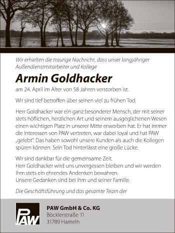 Anzeige von Armin Goldhacker von Reutlinger General-Anzeiger
