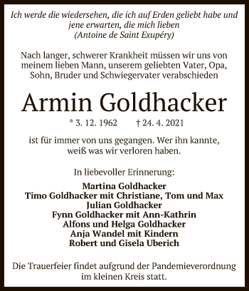 Anzeige von Armin Goldhacker von Reutlinger General-Anzeiger