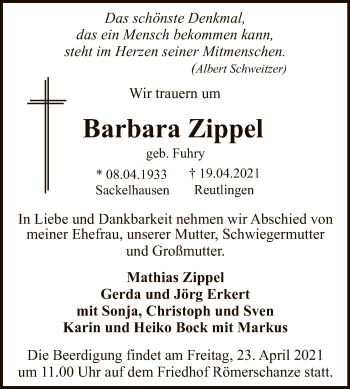 Anzeige von Barbara Zippel von Reutlinger General-Anzeiger