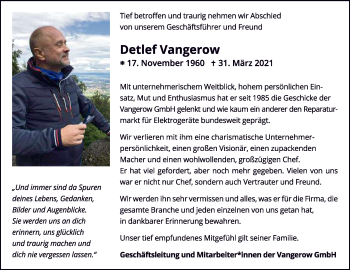 Anzeige von Detlef Vangerow von Reutlinger General-Anzeiger