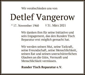 Anzeige von Detlef Vangerow von Reutlinger General-Anzeiger