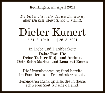 Anzeige von Dieter Kunert von Reutlinger General-Anzeiger