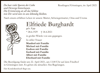 Anzeige von Elfriede Burghardt von Reutlinger General-Anzeiger