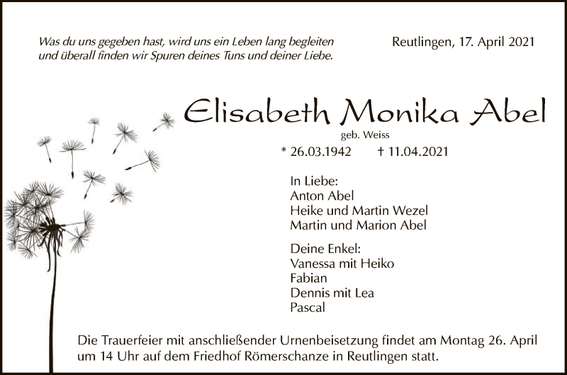  Traueranzeige für Elisabeth Monika Abel vom 17.04.2021 aus Reutlinger General-Anzeiger