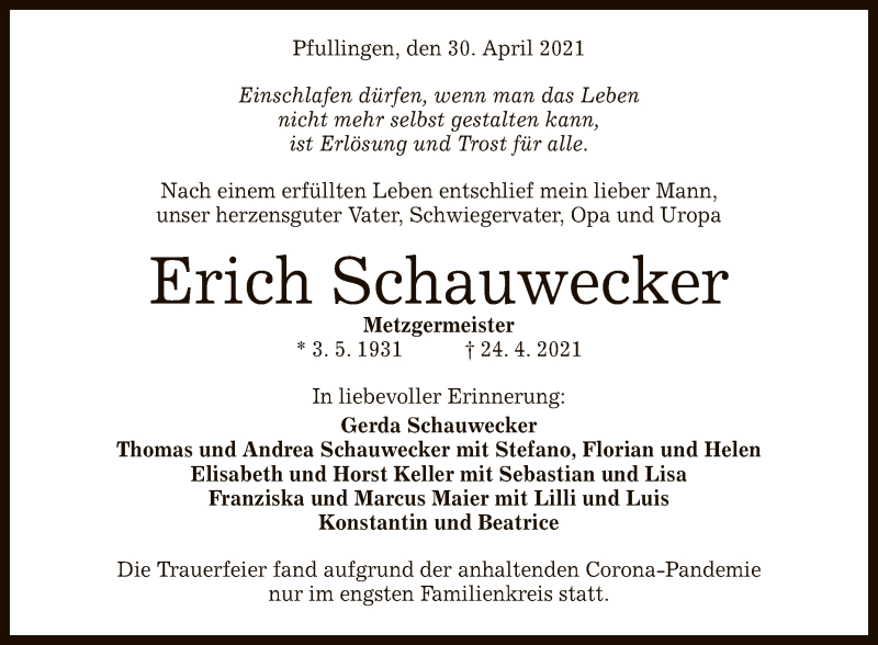  Traueranzeige für Erich Schauwecker vom 30.04.2021 aus Reutlinger General-Anzeiger