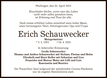 Anzeige von Erich Schauwecker von Reutlinger General-Anzeiger