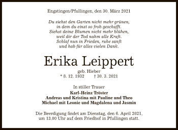 Anzeige von Erika Leippert von Reutlinger General-Anzeiger