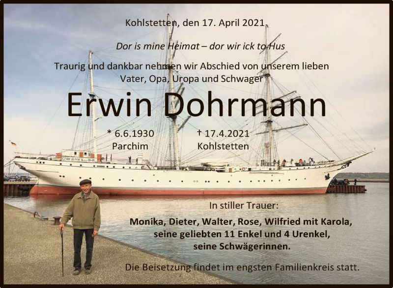  Traueranzeige für Erwin Dohrmann vom 21.04.2021 aus Reutlinger General-Anzeiger