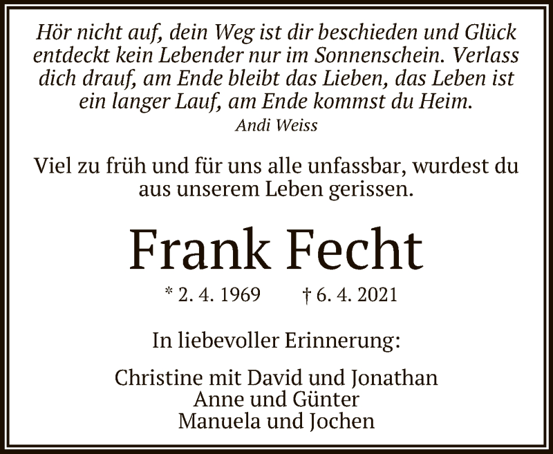  Traueranzeige für Frank Fecht vom 14.04.2021 aus Reutlinger General-Anzeiger