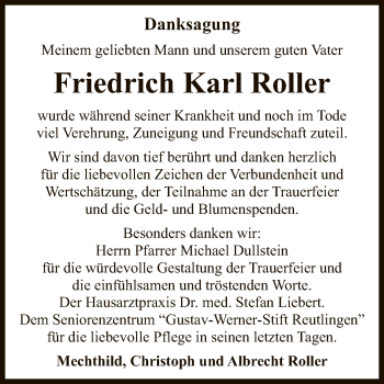Anzeige von Friedrich Karl Roller von Reutlinger General-Anzeiger
