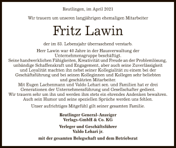 Anzeige von Fritz Lawin von Reutlinger General-Anzeiger