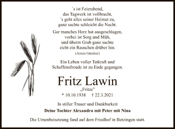 Anzeige von Fritz Lawin von Reutlinger General-Anzeiger