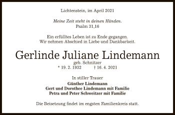 Anzeige von Gerlinde Juliane Lindemann von Reutlinger General-Anzeiger