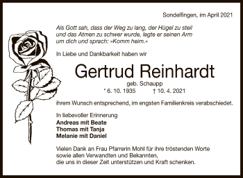 Anzeige von Gertrud Reinhardt von Reutlinger General-Anzeiger