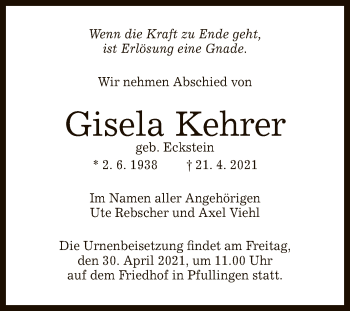 Anzeige von Gisela Kehrer von Reutlinger General-Anzeiger