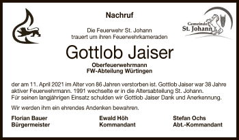 Anzeige von Gottlob Jaiser von Reutlinger General-Anzeiger