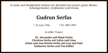 Anzeige von Gudrun Serfas von Reutlinger General-Anzeiger